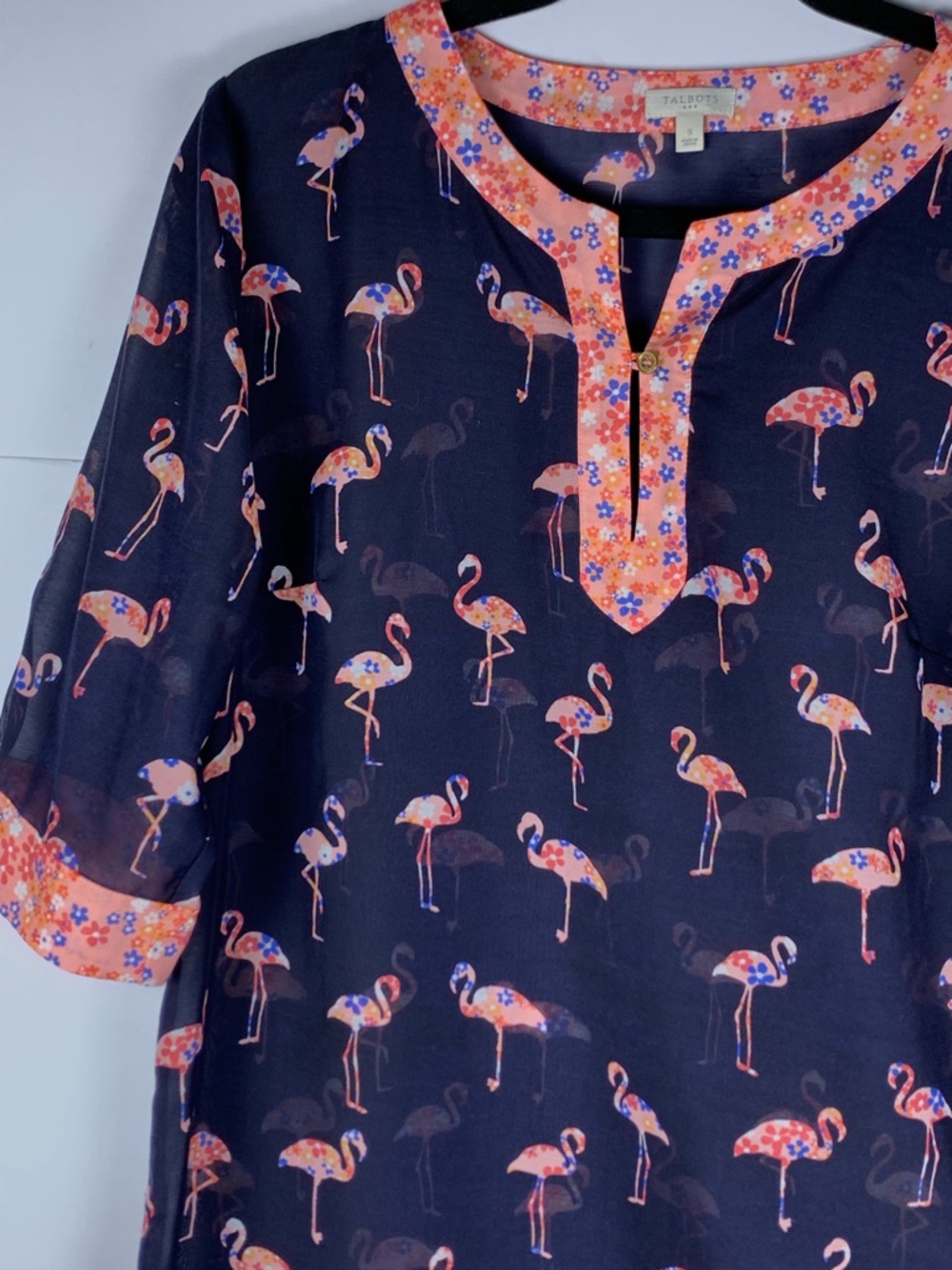 Talbots Flamingo Print Sheer Tunic Cover Up Navy Pink Size S Beach Swim Top - Picture 4 of 14